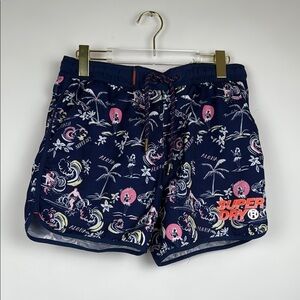 SuperDry Hawaiian Print Men’s Blue Swim Shorts Size Small